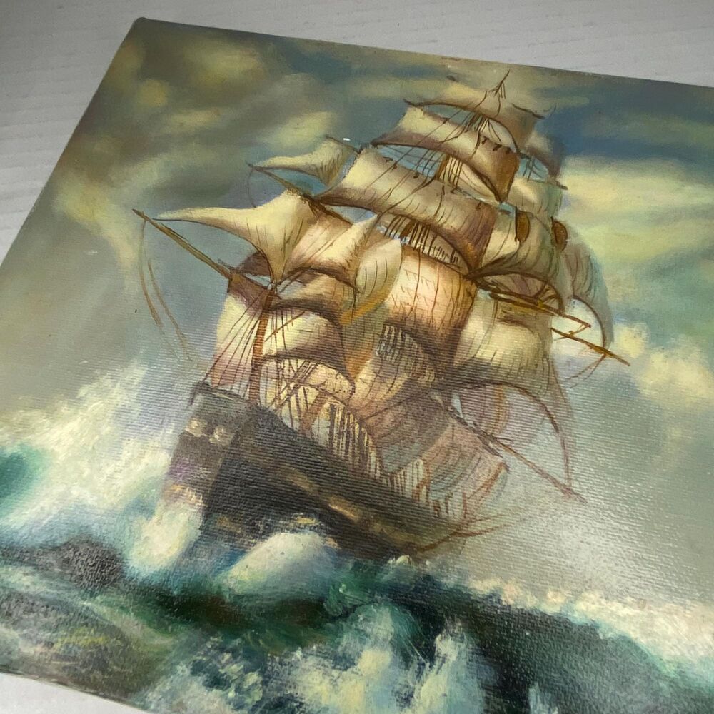 Vintage Ship Painting Oil on Canvas Unframed Signed Kensington